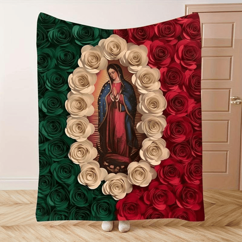 Soft Funny Throw Blanket Virgin Mary And Rose Flannel Blanket Comfortable All-Season Bedding,Suitable For Napping,Camping,Travel Colorful Mexican Flag Design Perfect Gift For Friends And Family,Bed