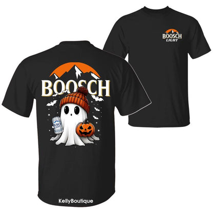 Boosch Light Halloween Cute Boo Boo Ghost Pumpkin T-Shirt, Trendy Halloween Spooky Season 2 Sided Graphic Design Unisex Cotton T-shirt