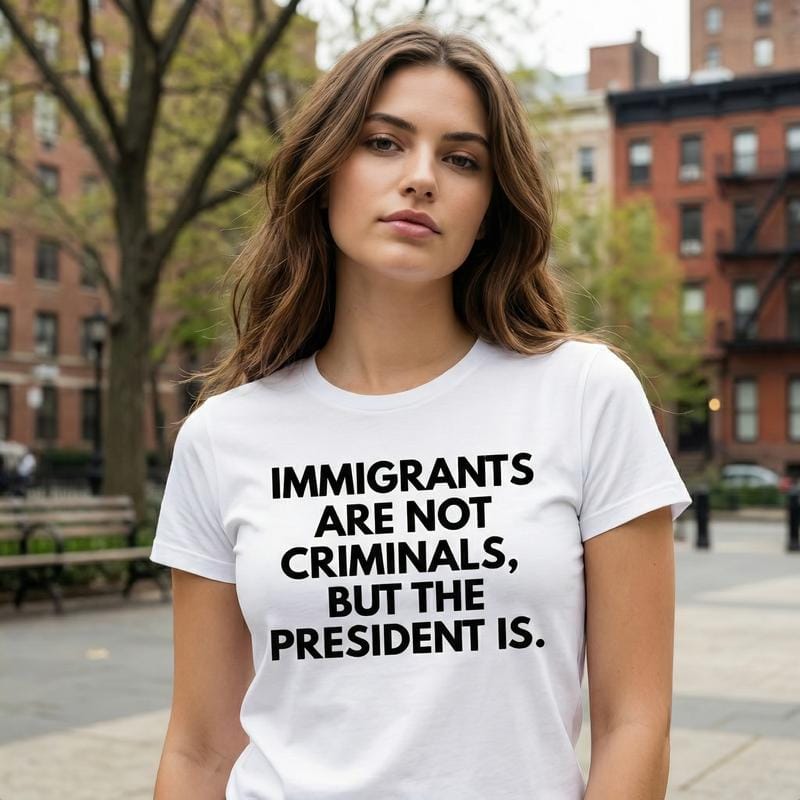 Statement Political T-Shirt: “Immigrants Are Not Criminals, But The President Is” | Men‘s Classic Cotton Crewneck, Bold Graphic Tee for Everyday Wear