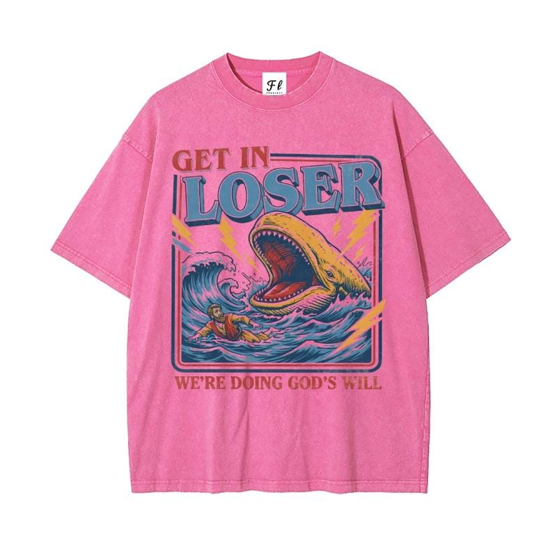 Men's Unisex Cotton Round Neck Oversized Washed T-Shirt - Christian Streetwear, Jonah and the Whale Graphic, \"Get In Loser We're Doing God's Will\" Verse, Faith Humor Fabric Style Religious Gift