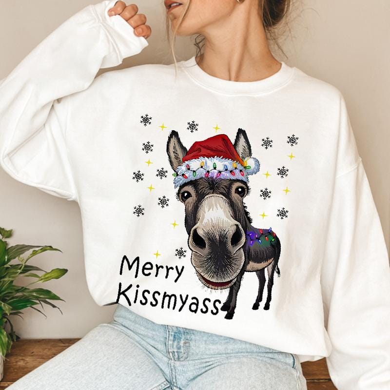 Men's Funny Donkey Santa Hat and MERRY KISSMYASS Christmas Print T-Shirt - Unisex Casual T-Shirt - Adult Humor Holiday Party Outfit