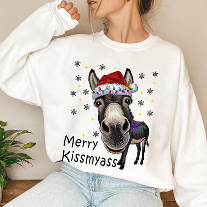Men's Funny Donkey Santa Hat and MERRY KISSMYASS Christmas Print T-Shirt - Unisex Casual T-Shirt - Adult Humor Holiday Party Outfit