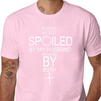 Men's and woman 100% Cotton Short-Sleeve Round Neck Crew Neck T-Shirt, "By God Spoiled By My Husband Protected By Both" Graphic, Casual Chic Minimalist Black Top Unisex