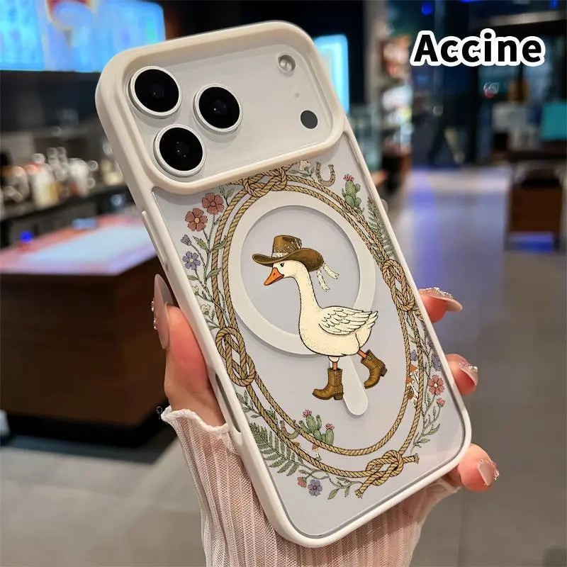 Cute Western Cowboy Goose Clear Magnetic Phone Case - Vintage Floral Prairie Pattern Shockproof Acrylic Cover for iPhone Series