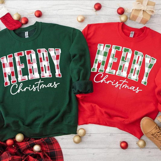 Merry Christmas Sweatshirt, Buffalo Plaid Sweater, Christmas Family crewneck, Xmas Gift Idea, Woman Xmas Shirt, Cute Winter Holiday Sweatshirt