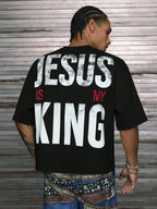 【Order Size Up】Jesus Is My King Printed Patchwork Cropped V-Neck Short Sleeve T-Shirt, Multi Sizes For Men, Streetwear Fit