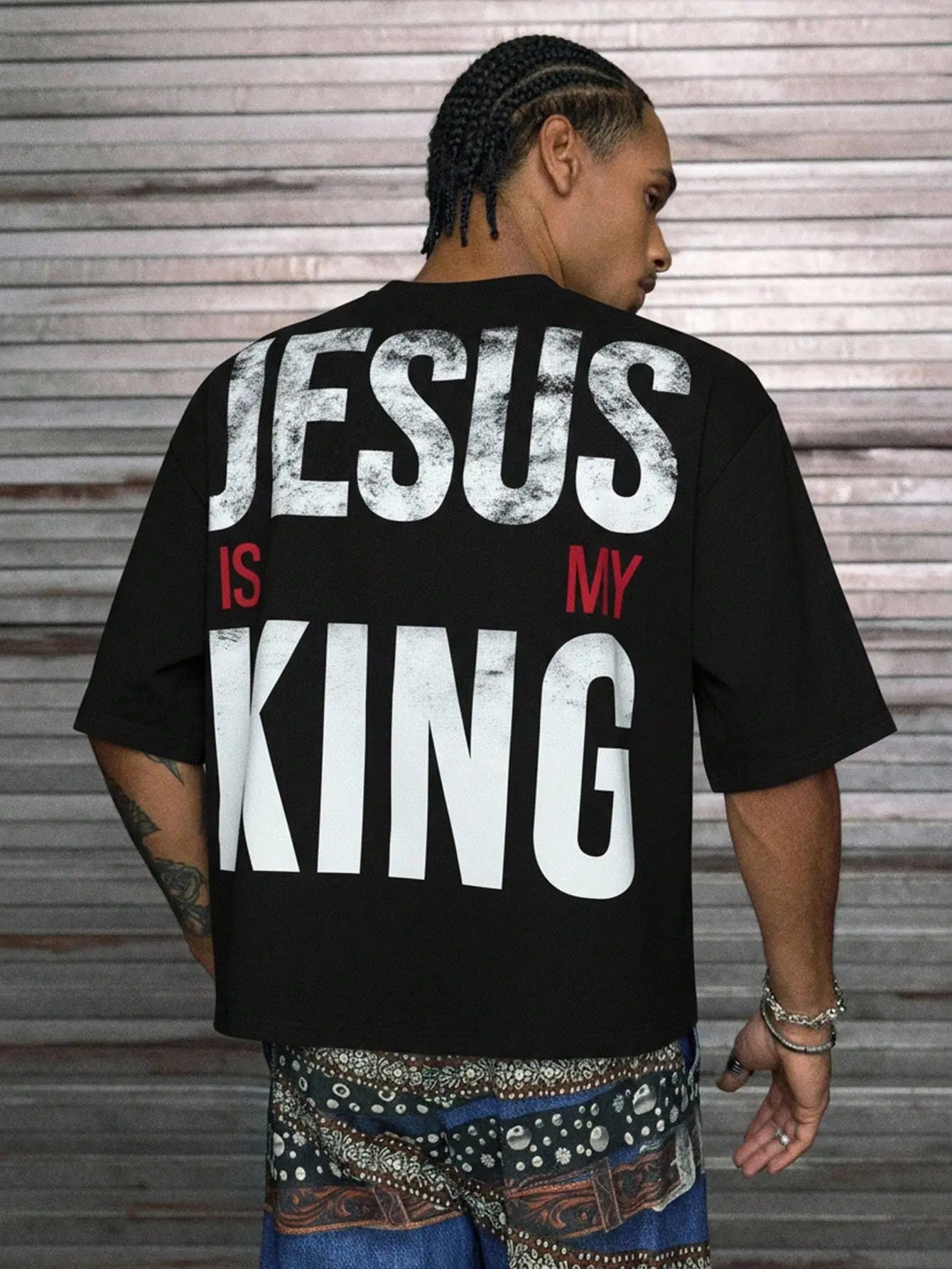【Order Size Up】Jesus Is My King Printed Patchwork Cropped V-Neck Short Sleeve T-Shirt, Multi Sizes For Men, Streetwear Fit