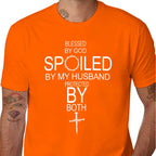 Men's and woman 100% Cotton Short-Sleeve Round Neck Crew Neck T-Shirt, "By God Spoiled By My Husband Protected By Both" Graphic, Casual Chic Minimalist Black Top Unisex