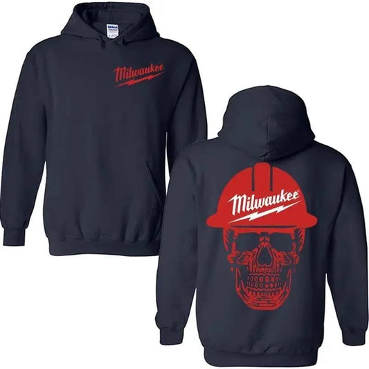 Milwaukee Skull Hoodie, Bold Graphic Pullover For Men For Women, Streetwear Workwear Style, Unisex Fit, Gift For Tool For Garage Fans, Unisex Long Sleeve Pullover Shirt