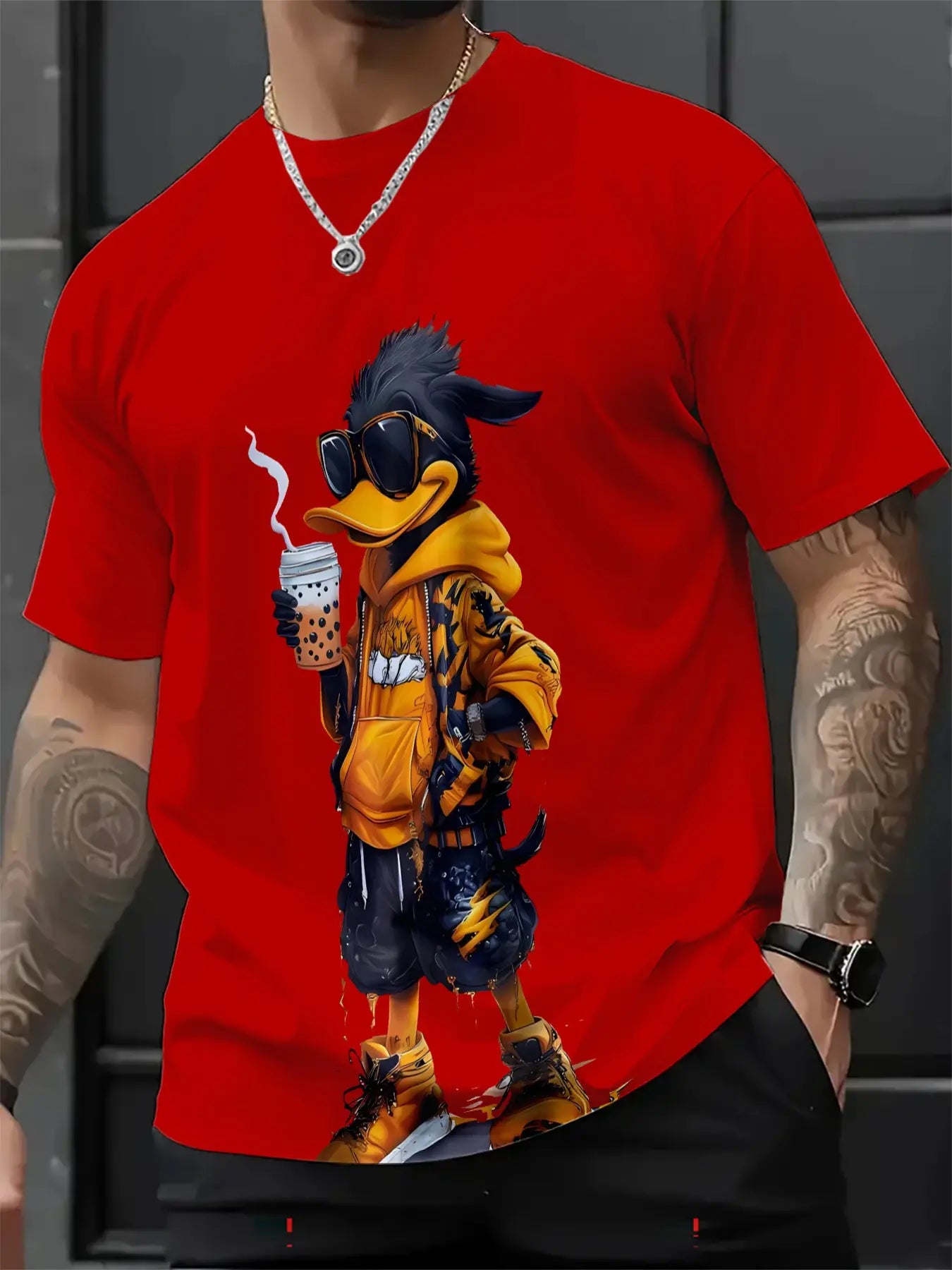 Men's 3D Cartoon Print Round Neck Short Sleeve Casual T-Shirt, Fitted All over Print, Long Clothing, All Seasons Wear