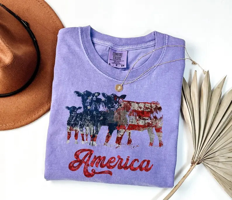 Comfort Colors Patriotic Cattle Tee: Ranching USA Flag Apparel
