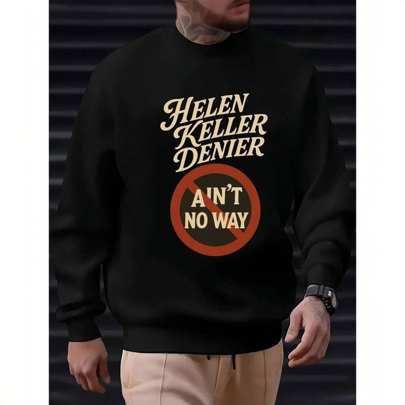 Vintage Washed Black T - shirt with Cream "Helen Keller Denier" Text and Red "Ain't No Way" Prohibition Symbol