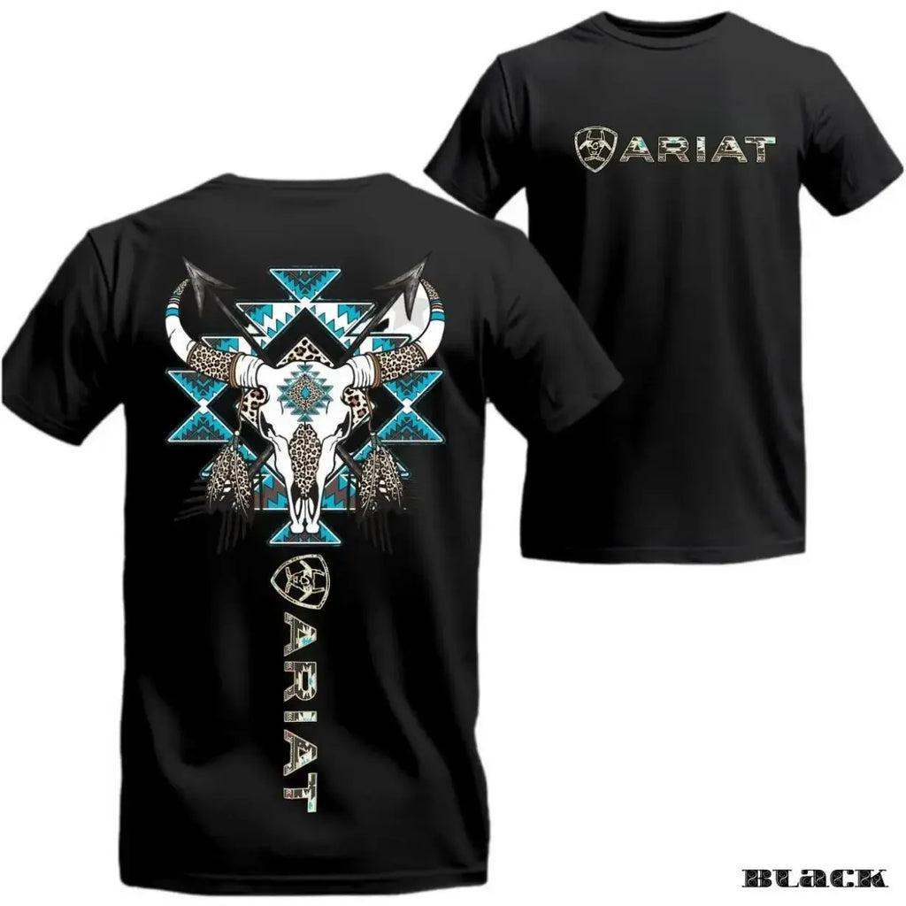 Ariat Tribal Bull Skull T-Shirt Western Aztec Feathers Graphic Unisex Tee