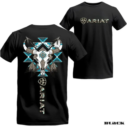 Ariat Tribal Bull Skull T-Shirt Western Aztec Feathers Graphic Unisex Tee