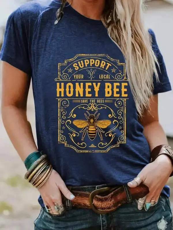 Women's Honey Bee Round Neck Graphic Tee, Vintage Trendy Casual Short Sleeve T-shirt for Daily Wear, Ladies Summer Top, Summer Clothes Women Sweatshirt, Hoodie, Comfort Colors