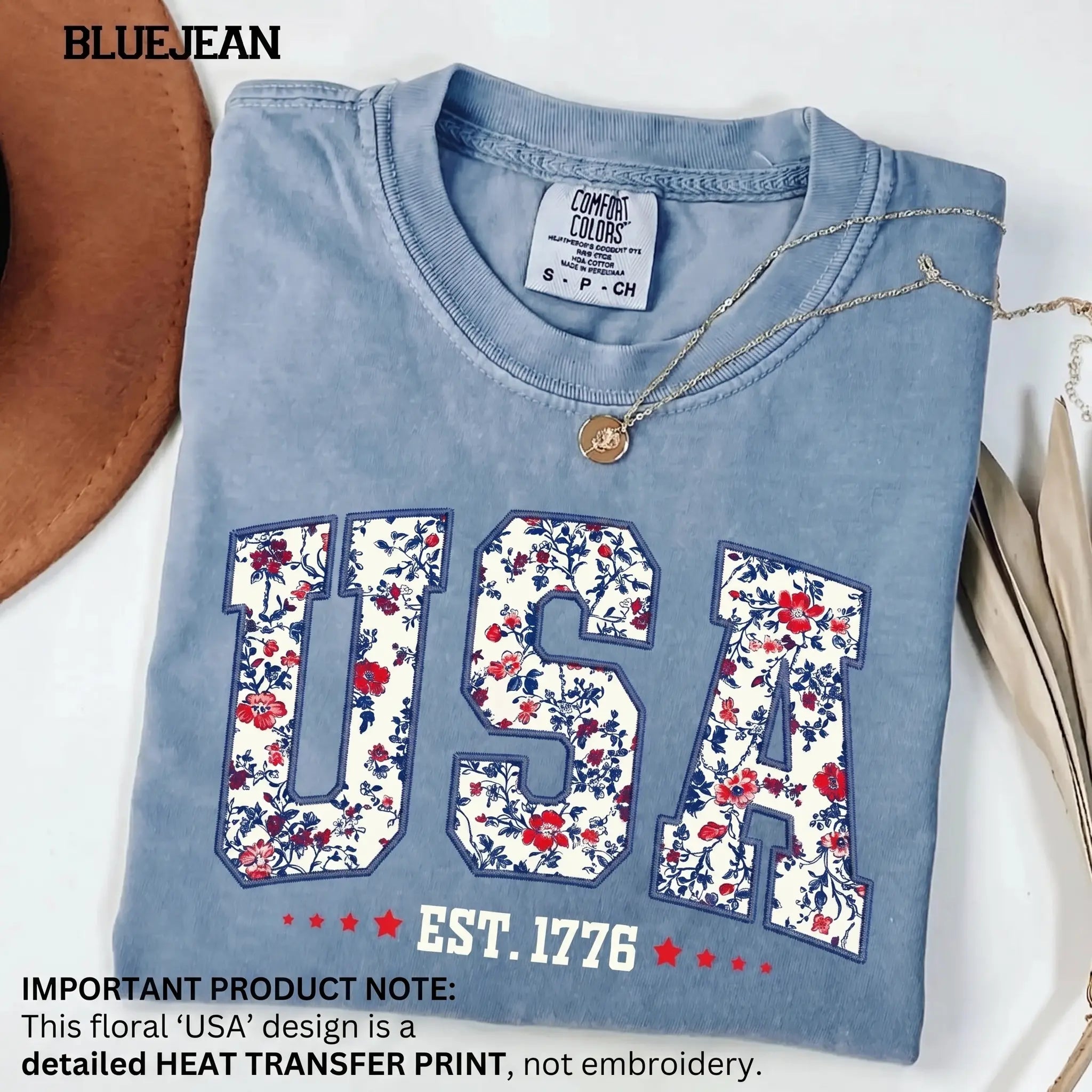 Faux Embroidered Floral USA Shirt | Comfort Colors Retro 4th of July Tee