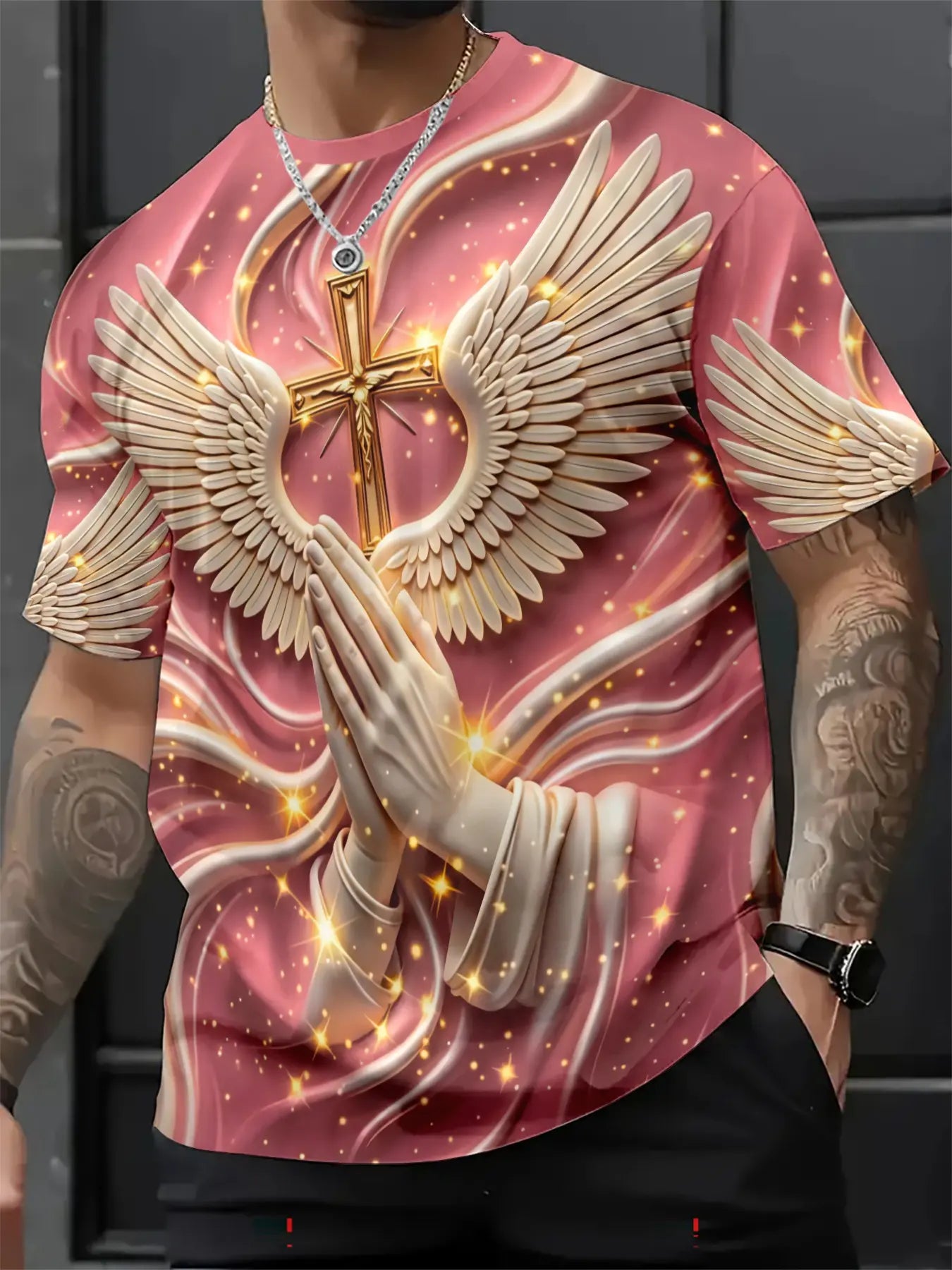 Men's 3D Cross & Angel Wings Graphic T-Shirt, Slim-Fit Short Sleeve Christian Crew Neck Summer Tee