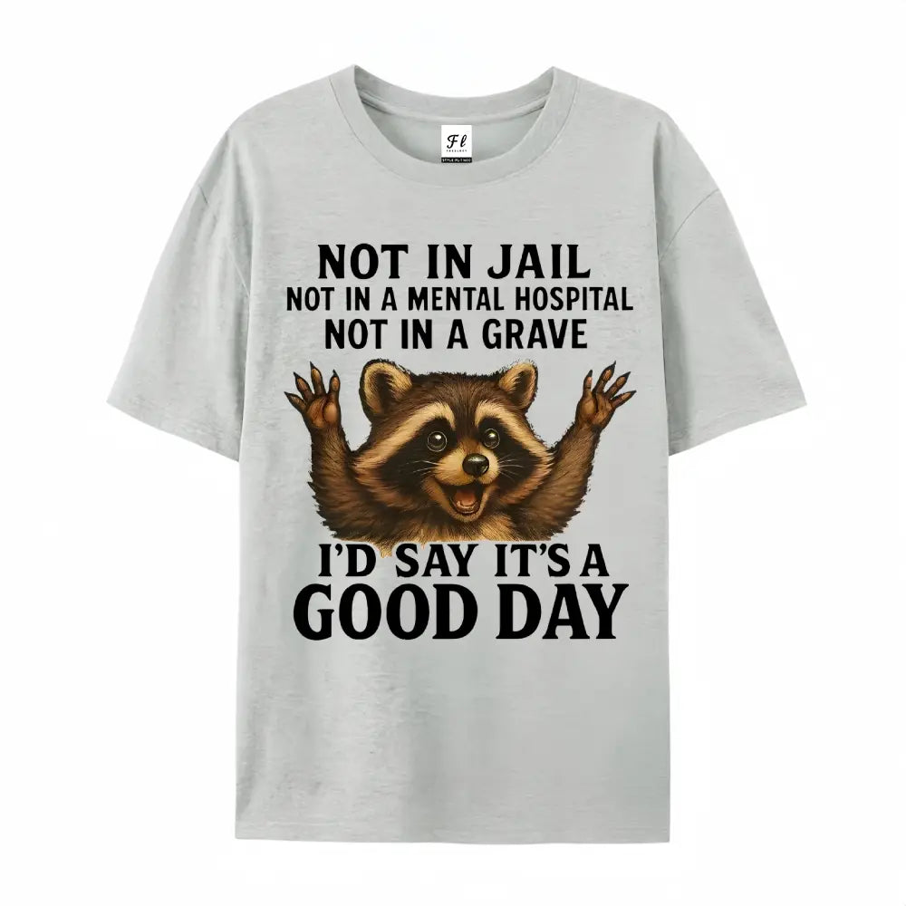 Women's Plus Size Funny Raccoon T-Shirt - "Not in Jail... Good Day" Sarcastic Graphic Tee - Soft Black Casual Top