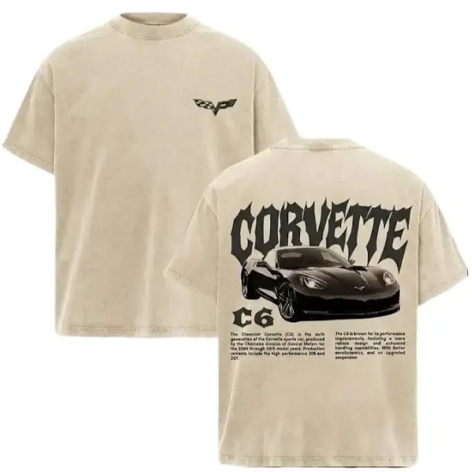 Oversized Graphic T-Shirt with Vintage Washed Corvette C6 Print, Soft Cotton Casual Streetwear for Men