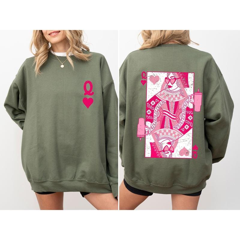 Queen of Hearts, Cards, Games, Valentine's Day Sweatshirt, Crew Neck, Women's, Crewneck, Valentine's Day, Love, Heart, Cupid Casual Long Sleeve