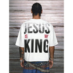 【Order Size Up】Jesus Is My King Printed Patchwork Cropped V-Neck Short Sleeve T-Shirt, Multi Sizes For Men, Streetwear Fit