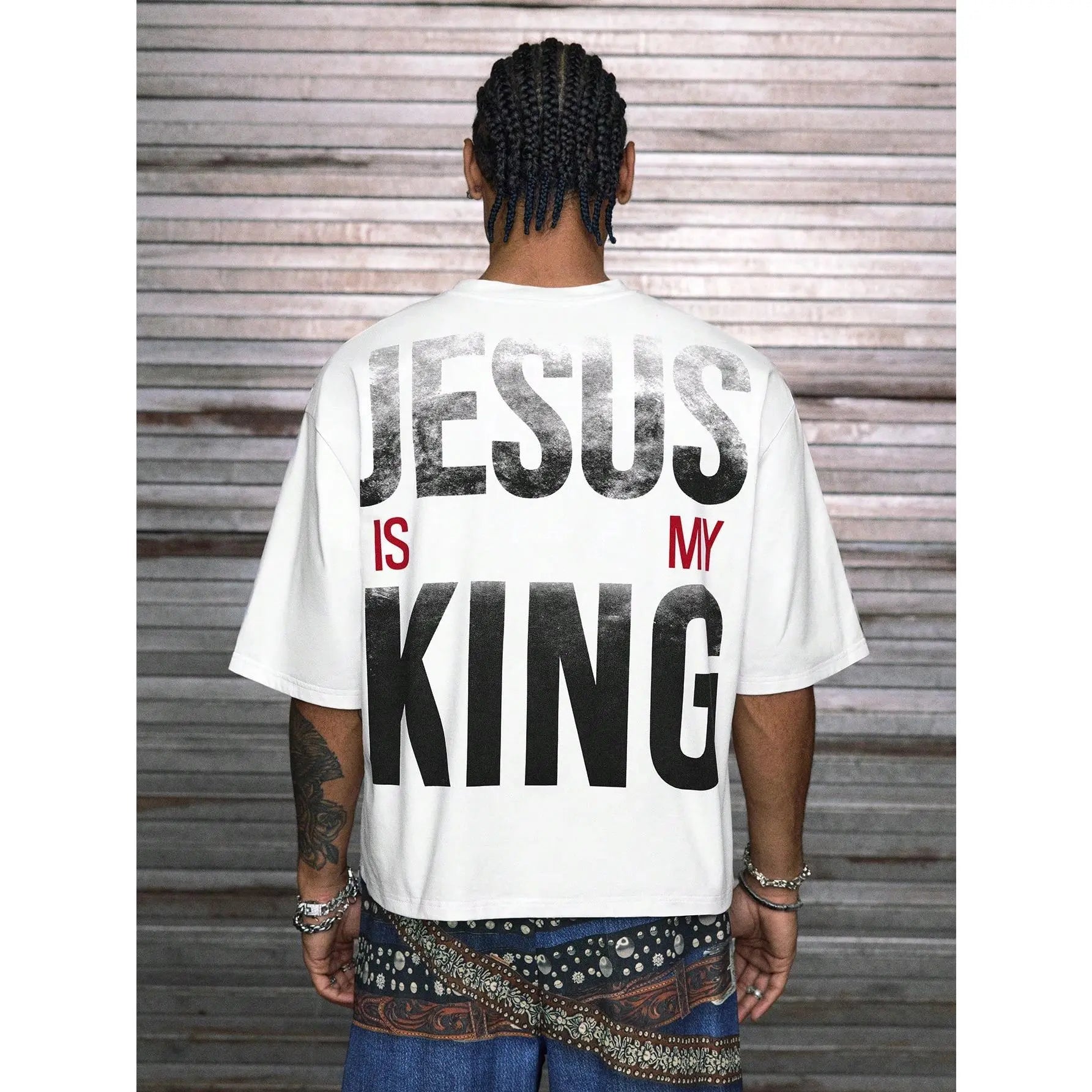 【Order Size Up】Jesus Is My King Printed Patchwork Cropped V-Neck Short Sleeve T-Shirt, Multi Sizes For Men, Streetwear Fit