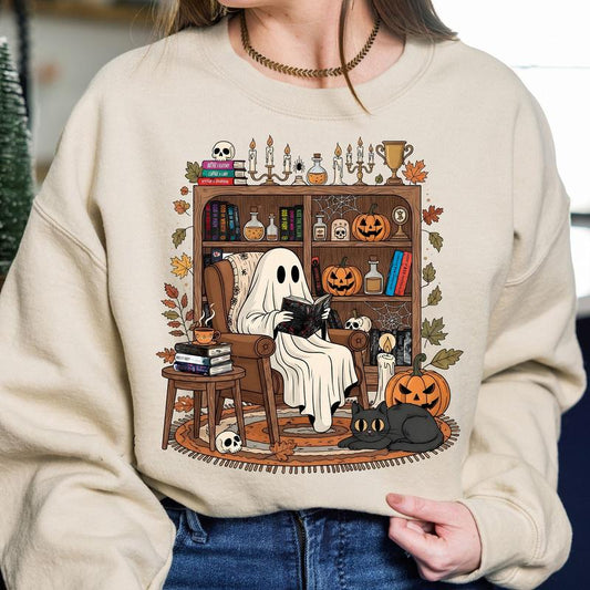Retro Cozy Ghost Reading Halloween T-Shirt, Haunting Adeline Sweatshirt, Fall Library Boo Ghost Hoodie
