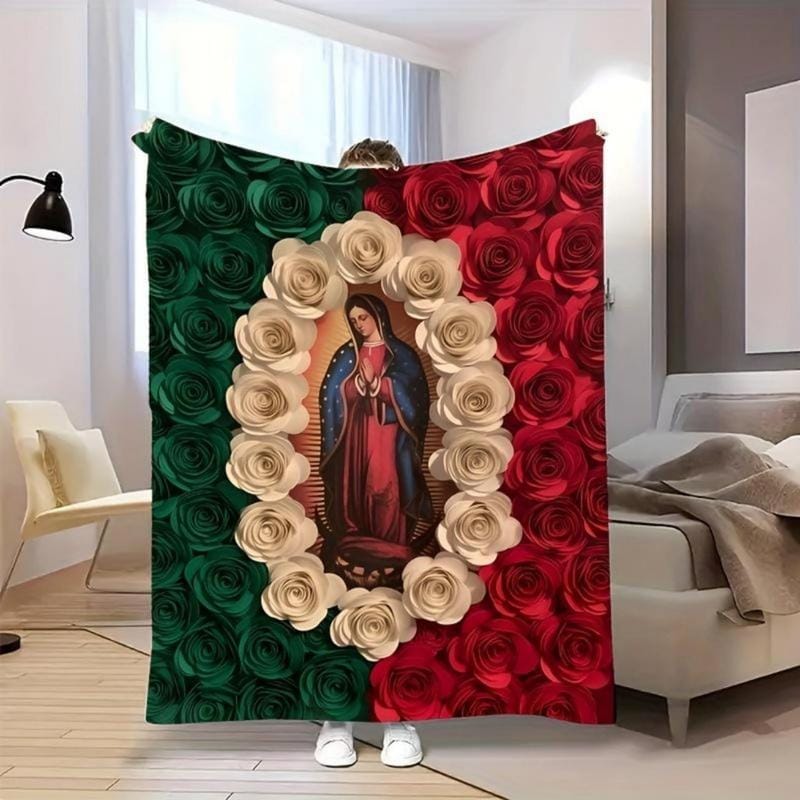 Soft Funny Throw Blanket Virgin Mary And Rose Flannel Blanket Comfortable All-Season Bedding,Suitable For Napping,Camping,Travel Colorful Mexican Flag Design Perfect Gift For Friends And Family,Bed