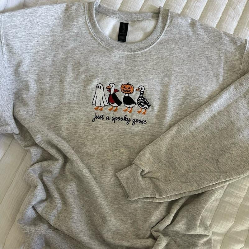 Spooky Goose Halloween Fall Embroidered Sweatshirt Pumpkins Skeleton Geese Spooky Season Unisex