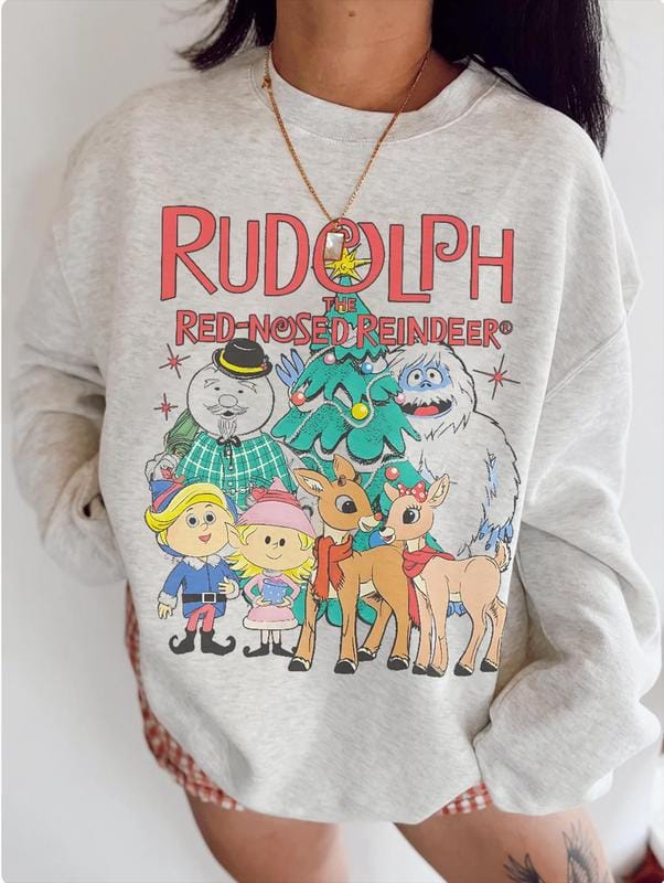 Vintage-Look Rudolph Sweatshirt, Weihnachtspullover mit Rundhalsausschnitt, Retro-Weihnachtspullover, Vintage-Weihnachtspullover, Rudolph das Rentier mit der roten Nase 