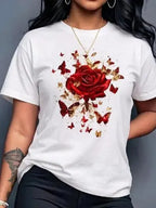 Vintage Rose & Gold Butterfly Graphic Tee - Aesthetic Streetwear Unisex T-Shirt
