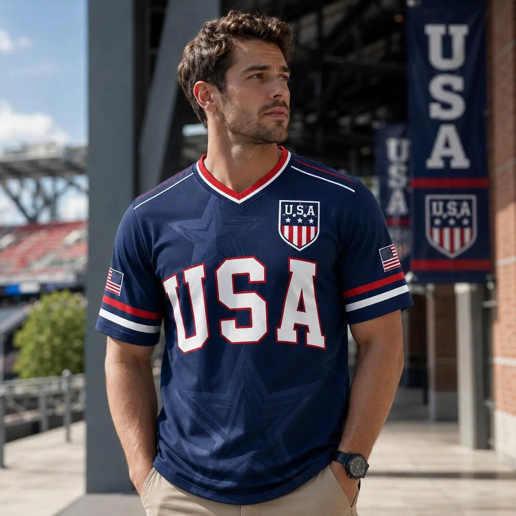 USA Flag Soccer Jersey for Men & Women with Statue of Liberty Graphic V-Neck Athletic Tee