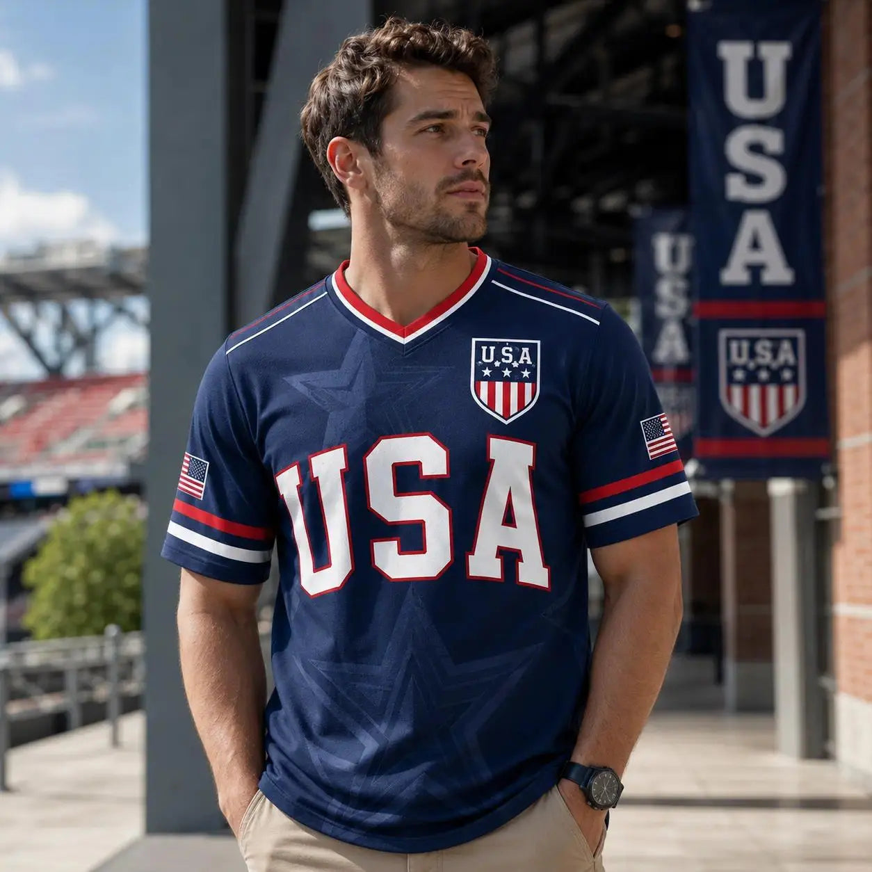 USA Flag Soccer Jersey for Men & Women with Statue of Liberty Graphic V-Neck Athletic Tee
