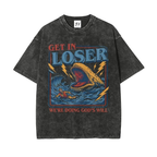 Men's Unisex Cotton Round Neck Oversized Washed T-Shirt - Christian Streetwear, Jonah and the Whale Graphic, \"Get In Loser We're Doing God's Will\" Verse, Faith Humor Fabric Style Religious Gift