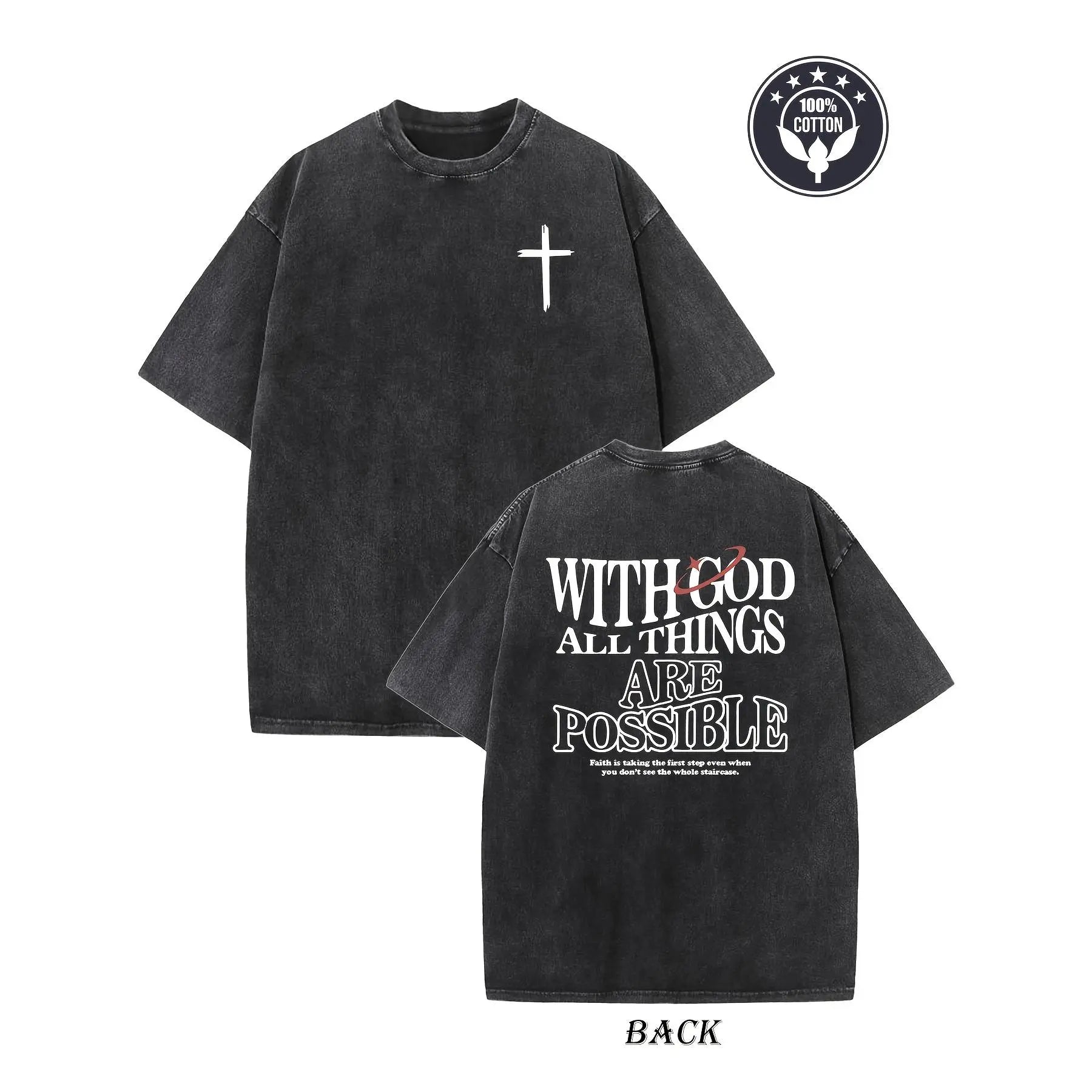 Men's Heavyweight 230gsm Cotton Vintage Washed T-Shirt - Dual-Sided "with God All Things Possible" & Cross Print, Loose Fit Hip Hop Streetwear, Round Neck Short Sleeve Casual Tee for Casual Attire, Ribbed Neckline Shirt Crewneck Knit Fabric Tshirt Knit