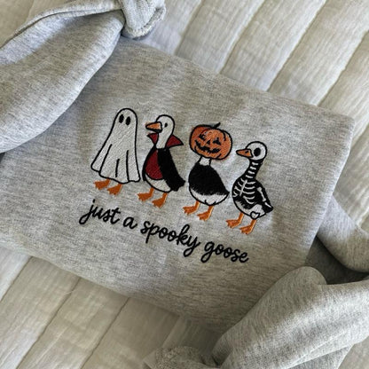 Spooky Goose Halloween Fall Embroidered Sweatshirt Pumpkins Skeleton Geese Spooky Season Unisex
