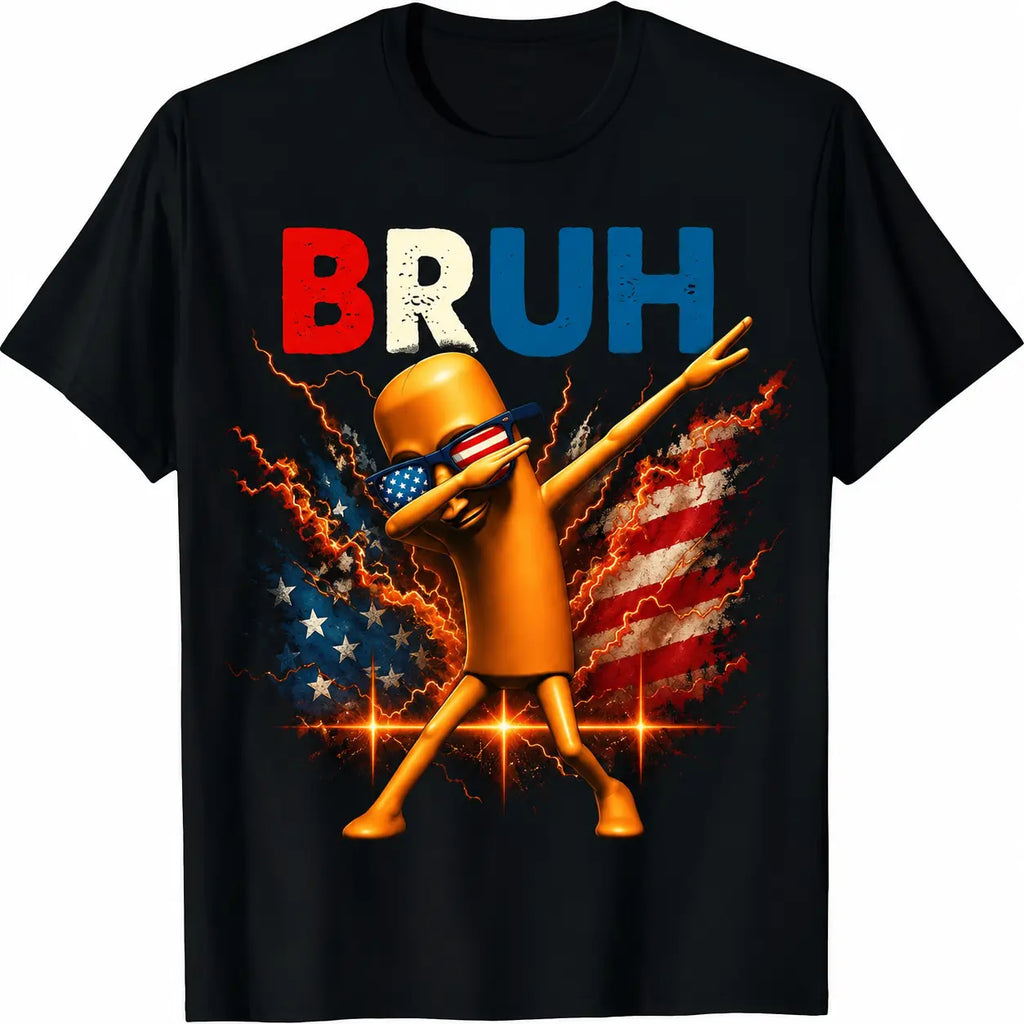Funny Patriotic BRUH Hotdog Dabbing Shirt | TUNGTUNGTUNG Sahur Vibe US Flag Lightning Design Tee