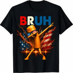 Funny Patriotic BRUH Hotdog Dabbing Shirt | TUNGTUNGTUNG Sahur Vibe US Flag Lightning Design Tee