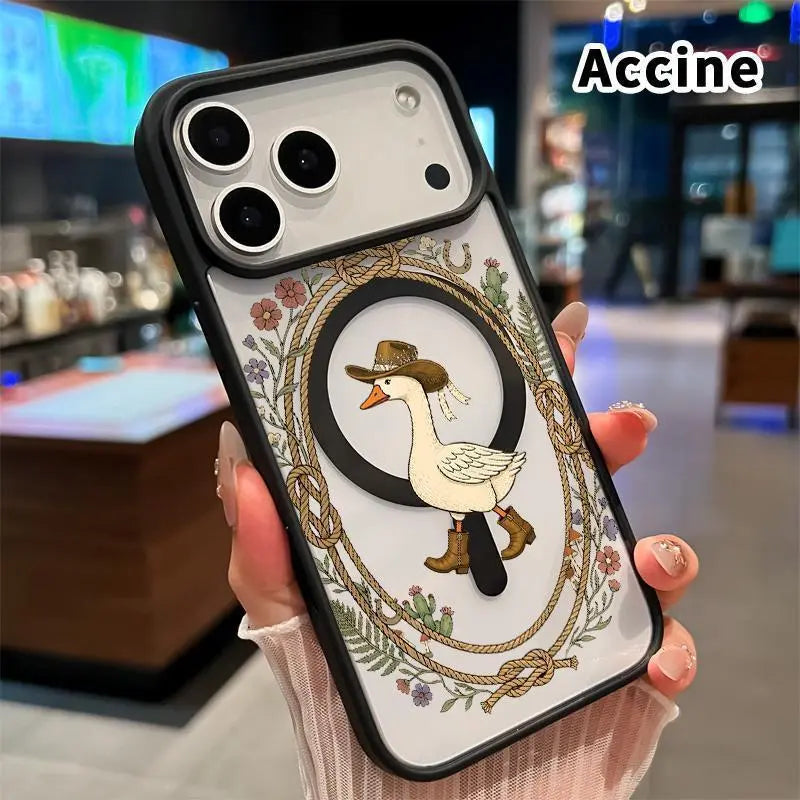 Cute Western Cowboy Goose Clear Magnetic Phone Case - Vintage Floral Prairie Pattern Shockproof Acrylic Cover for iPhone Series