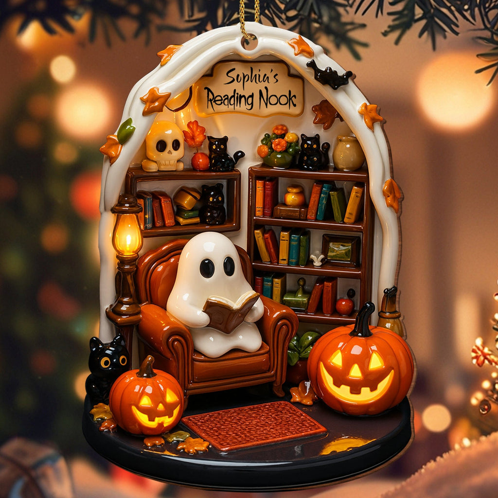 Create Your Own Personalized Reading Nook With Ghost and Pumpkin,Custom Wood Ornament,Gift For Book and Halloween Lovers - 6