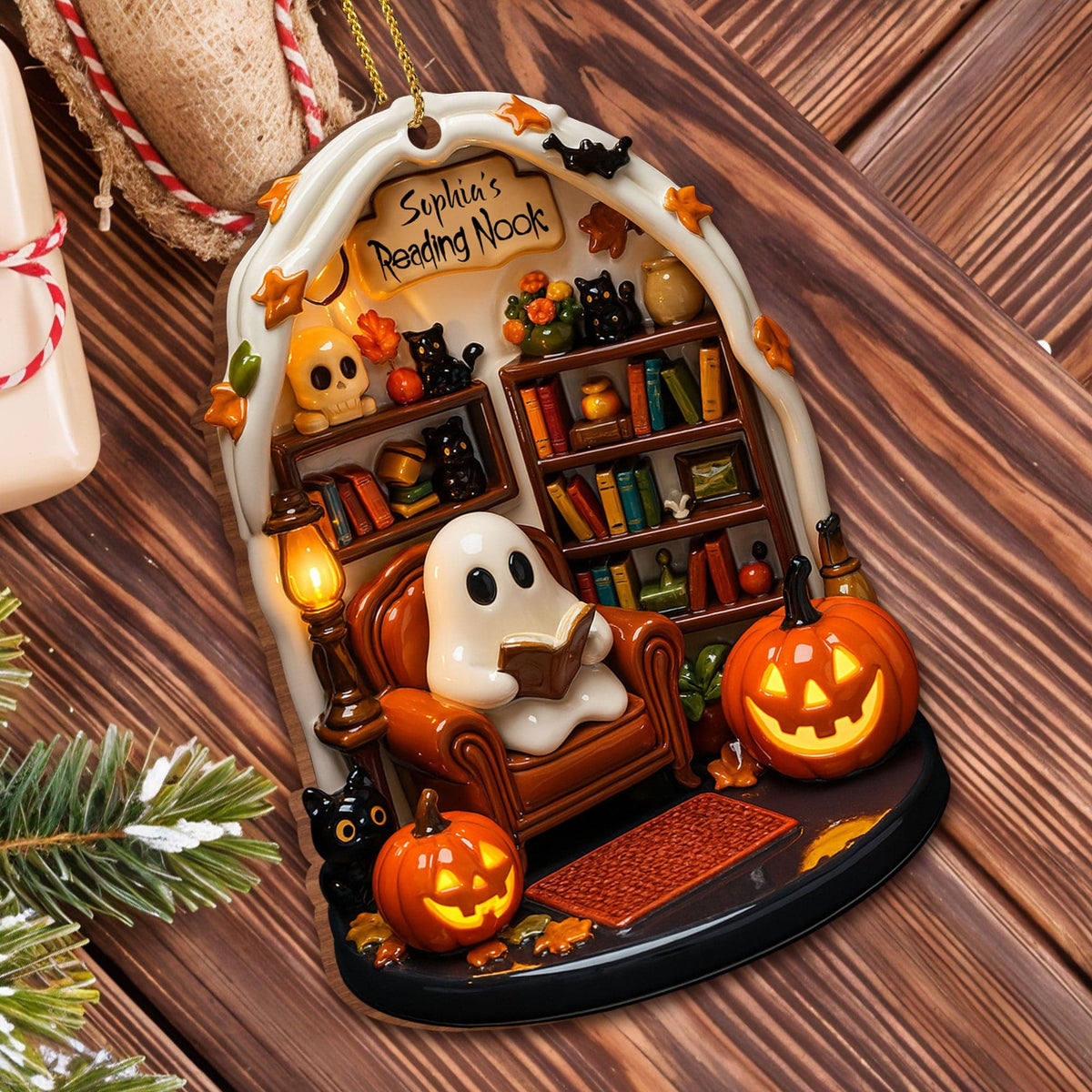 Create Your Own Personalized Reading Nook With Ghost and Pumpkin,Custom Wood Ornament,Gift For Book and Halloween Lovers - 4