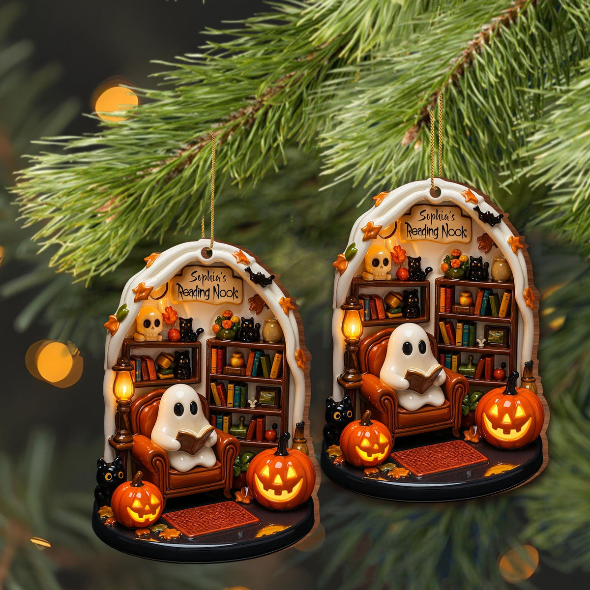 Create Your Own Personalized Reading Nook With Ghost and Pumpkin,Custom Wood Ornament,Gift For Book and Halloween Lovers - 5