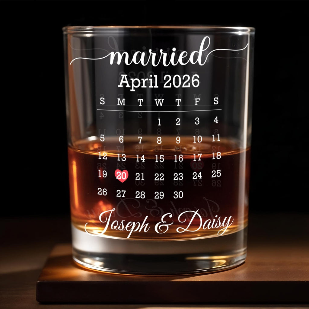 Married Custom Calendar, Personalized Whiskey Glass, Gift for Couples - 1