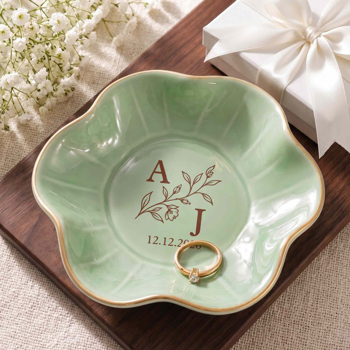 Our Monogram Floral, Personalized Lotus Jewelry Dish, Gift For Couples - 8
