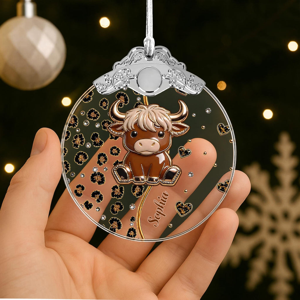 Cute Highland Cow, Personalized Glass Ornament, Gift For Cow Lovers - 3