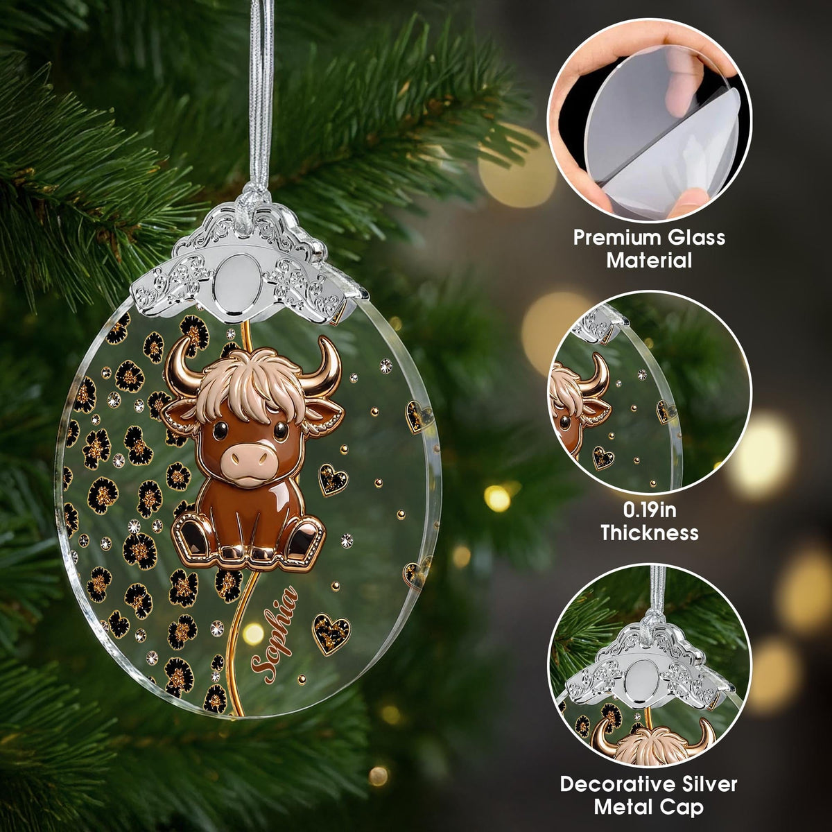 Cute Highland Cow, Personalized Glass Ornament, Gift For Cow Lovers - 7