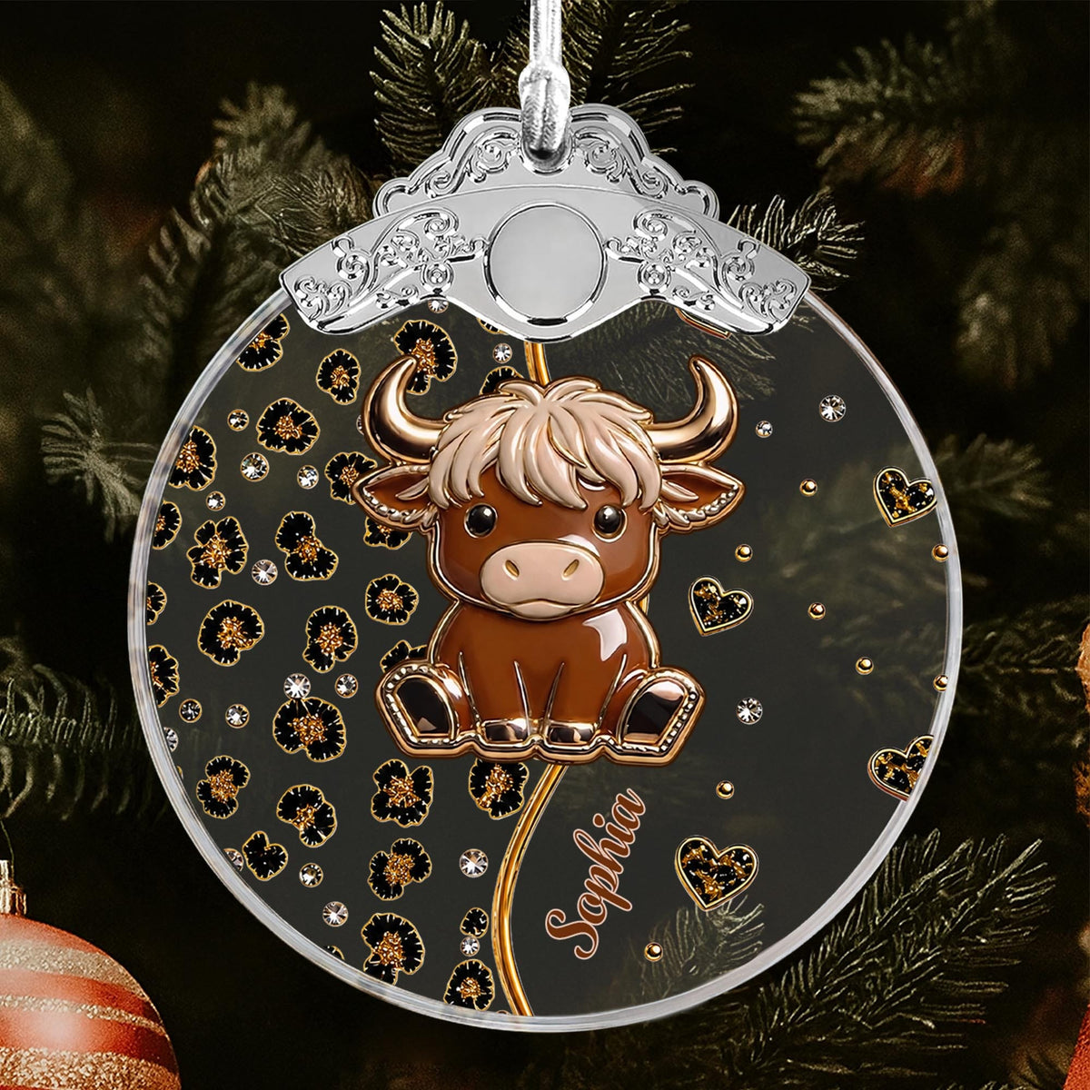Cute Highland Cow, Personalized Glass Ornament, Gift For Cow Lovers - 8