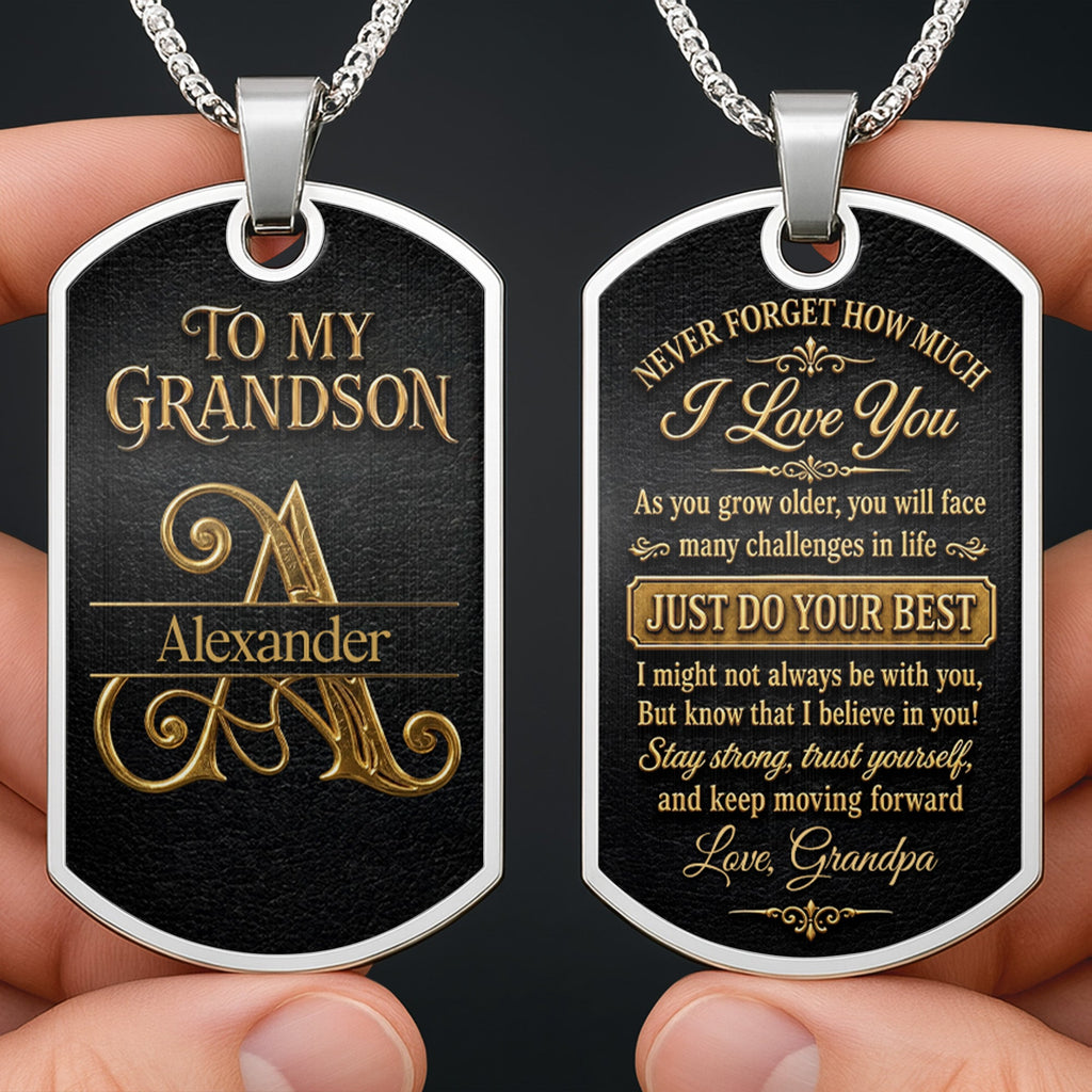 Almagems Custom "To My Grandson" Dog Tag Necklace - Personalized Stainless Steel Military Pendant - Graduation, Birthday Jewelry Gift for Grandson - 1