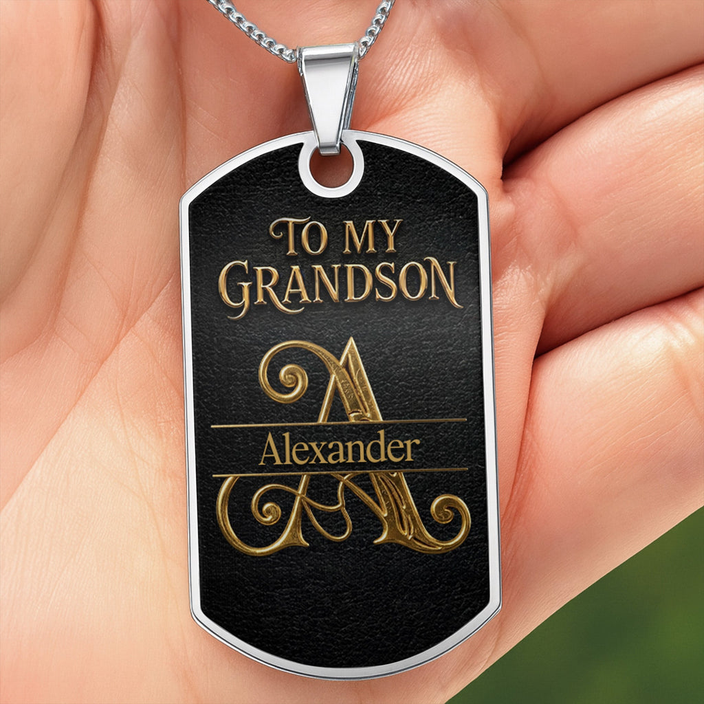 Almagems Custom "To My Grandson" Dog Tag Necklace - Personalized Stainless Steel Military Pendant - Graduation, Birthday Jewelry Gift for Grandson - 4