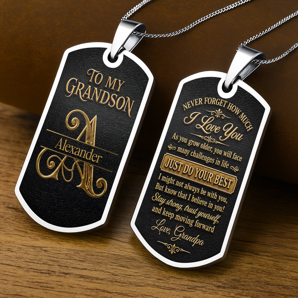 Almagems Custom "To My Grandson" Dog Tag Necklace - Personalized Stainless Steel Military Pendant - Graduation, Birthday Jewelry Gift for Grandson - 6